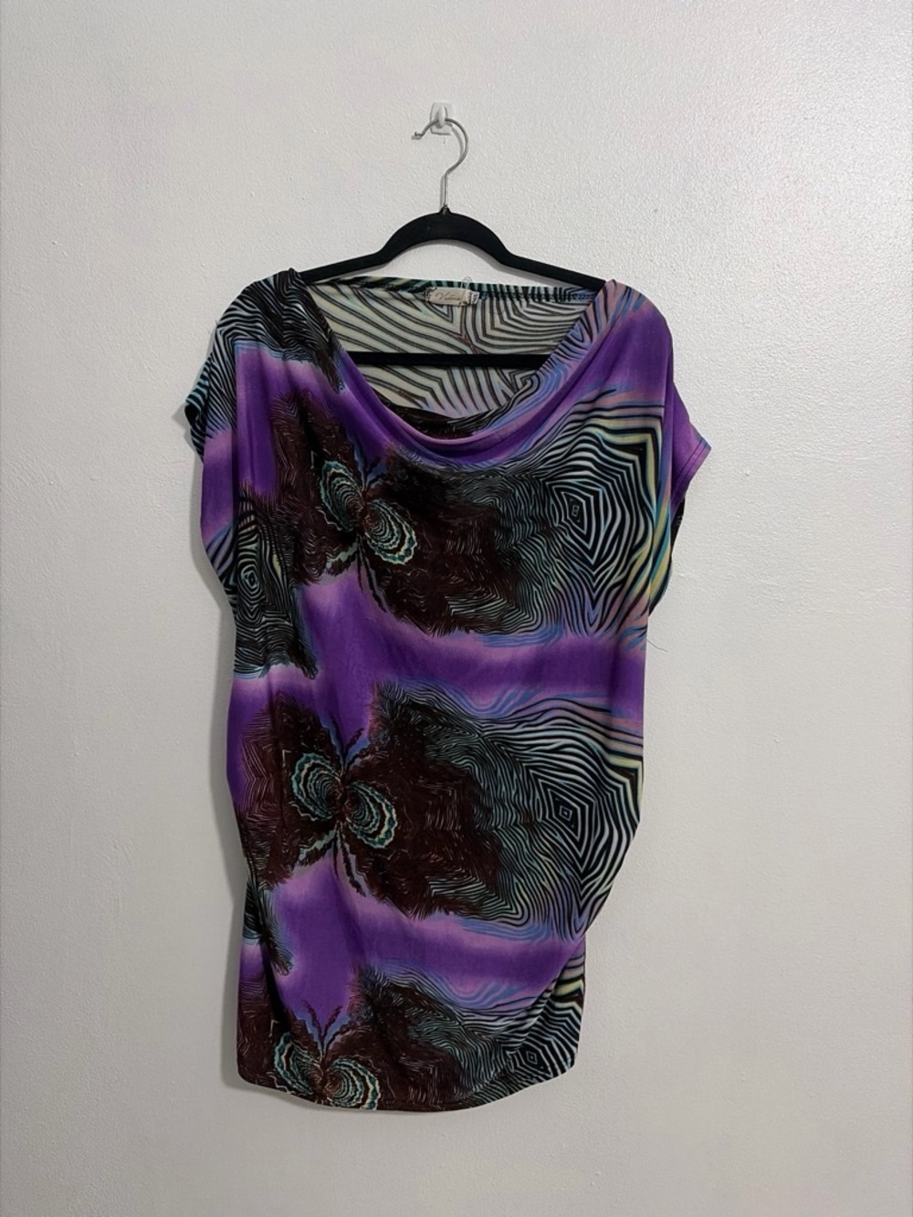 Y2k Purple & Black Abstract Print Draped Neck Dress